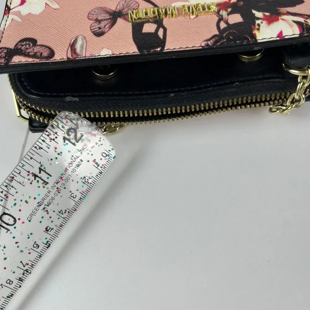 Steve Madden Small Crossbody Purse Logo Pink & Black Floral Butterfly Casual